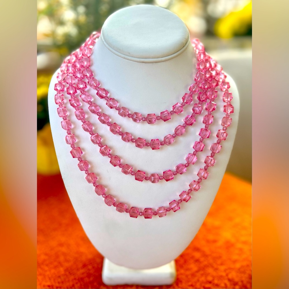 Vintage Tarina Tarantino Four Row Lucite Cube & Swarovski Crystal Necklace pink